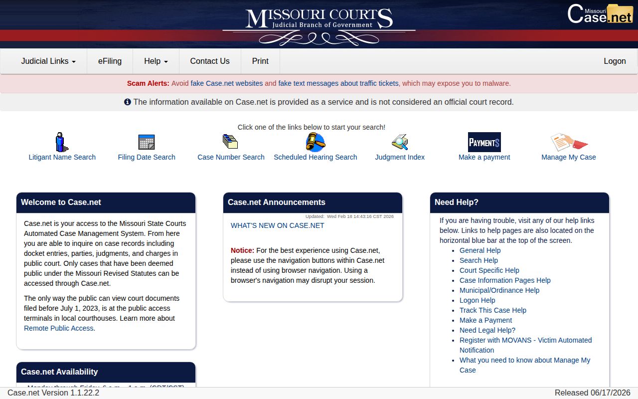 Missouri Case.net name and case search for Butler County court records