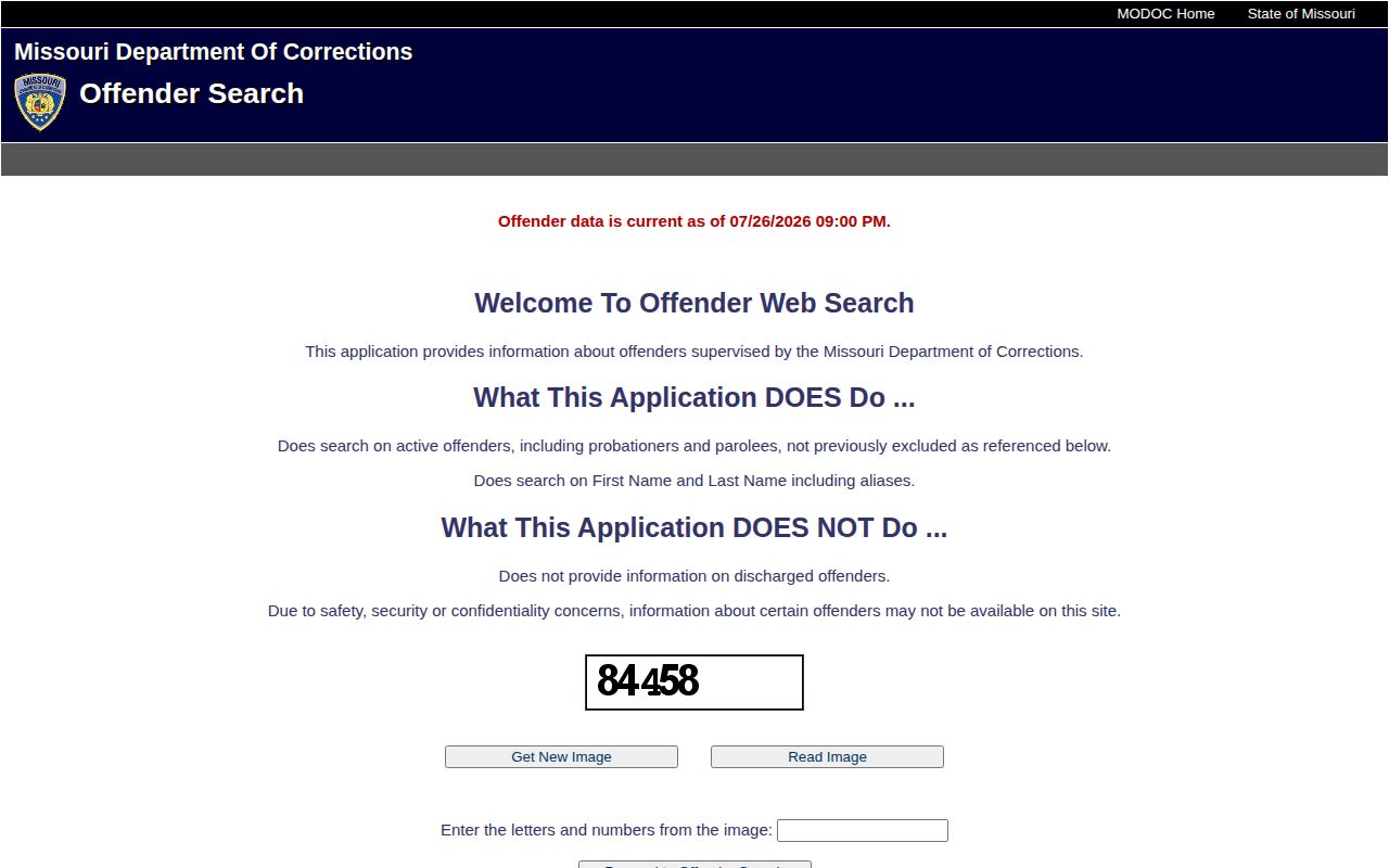 Missouri Department of Corrections active offender search landing page