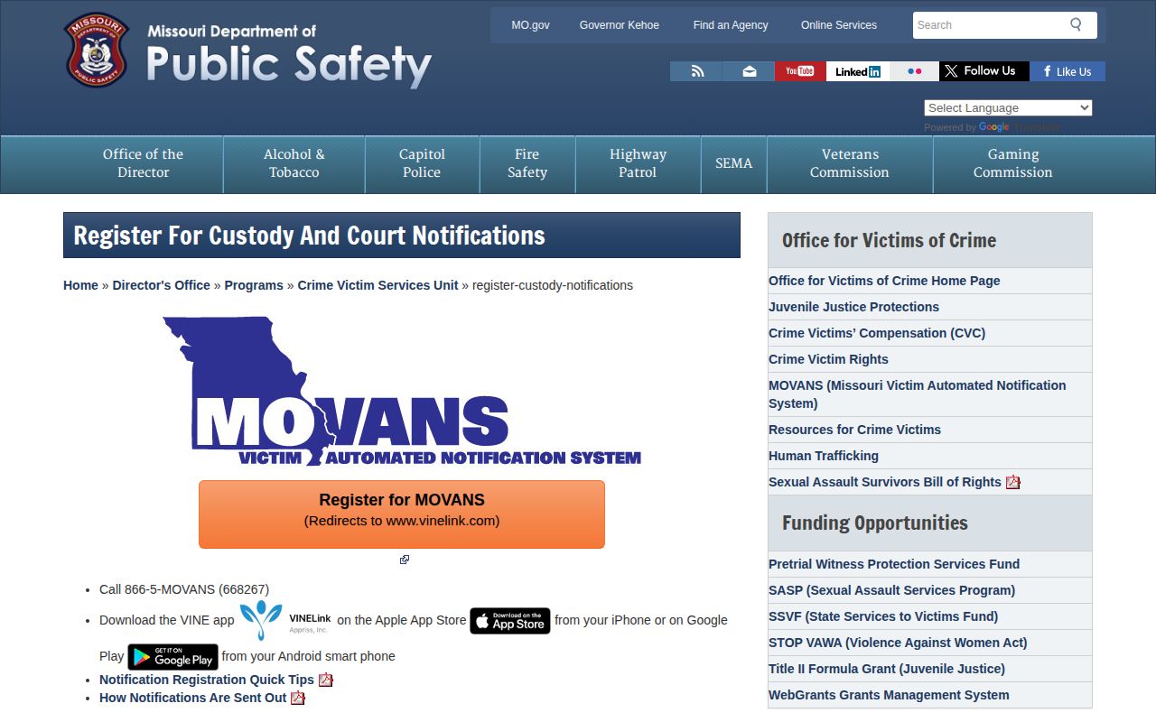 Missouri MOVANS landing page for Butler County VINE inmate checks