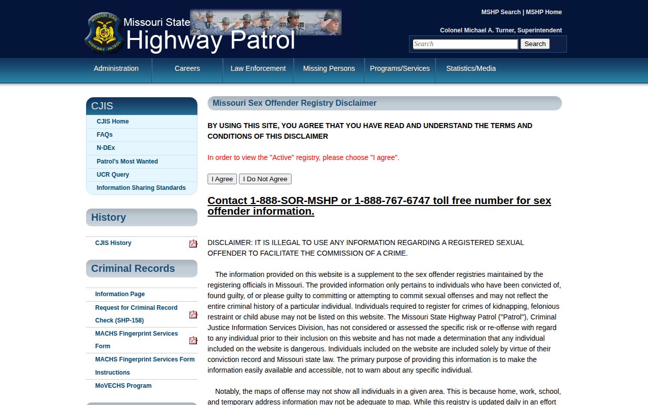 MSHP registry status definitions related to a Butler County release transition